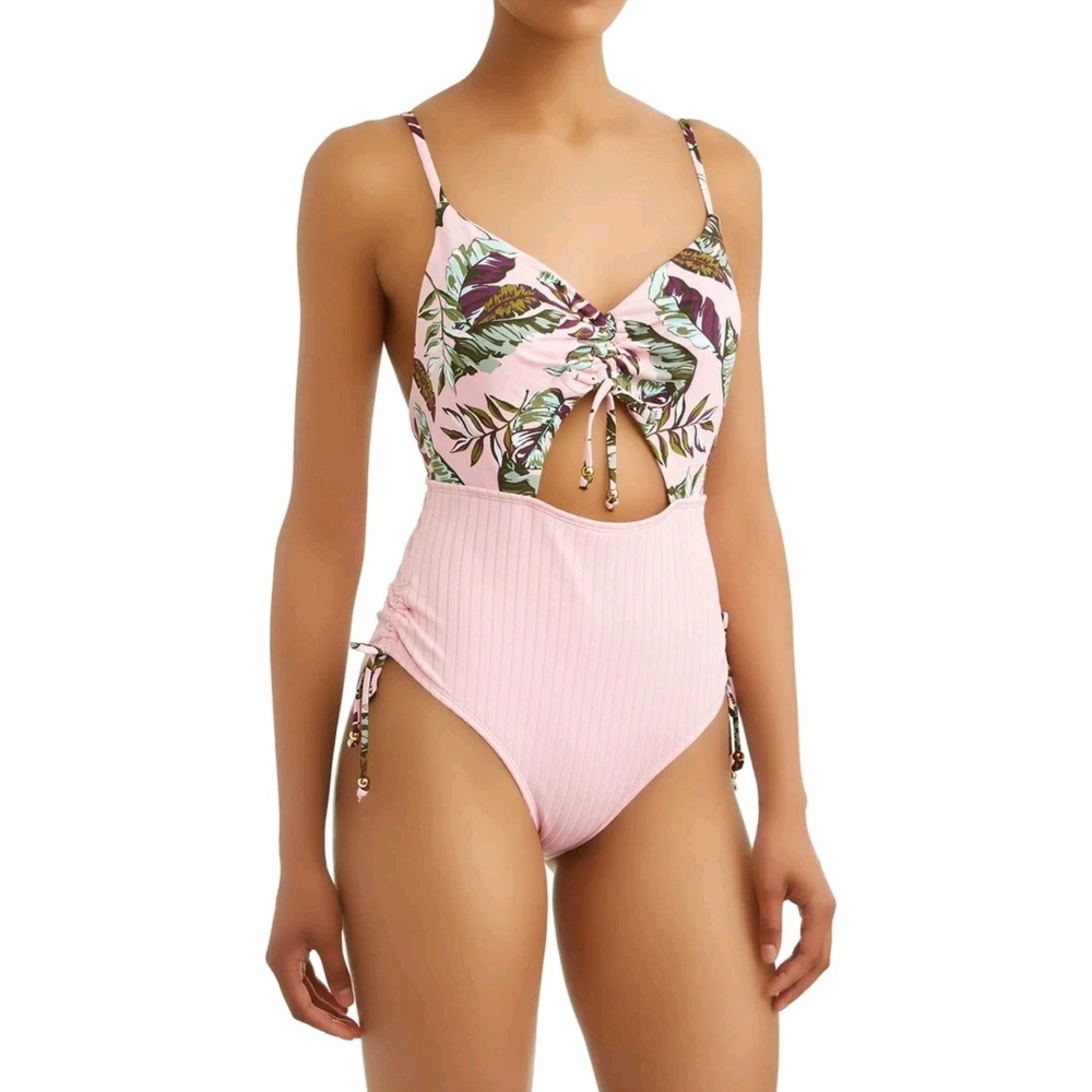 Womens One Piece Boho Swimsuit L Pink Tropical Ribbed Cutout Beach Cruise Resort